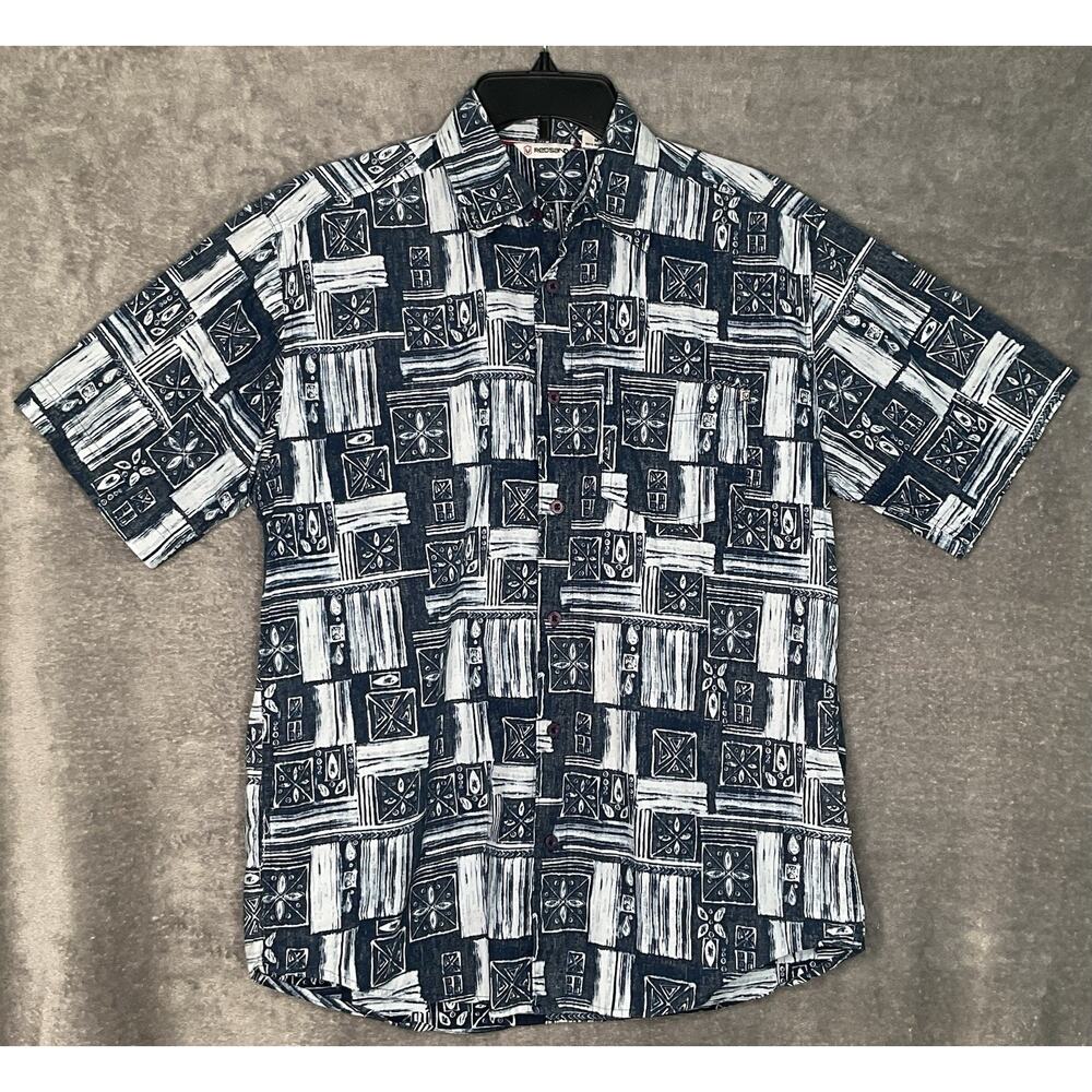 Redsand Mens Medium Blue White Shirt Button Up Cotton Abstract Print Cotton